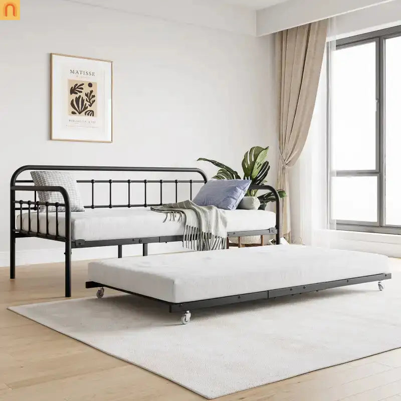 Daybed Metal Black Twin Roll-Out Trundle Caster Wheels 66 lb
