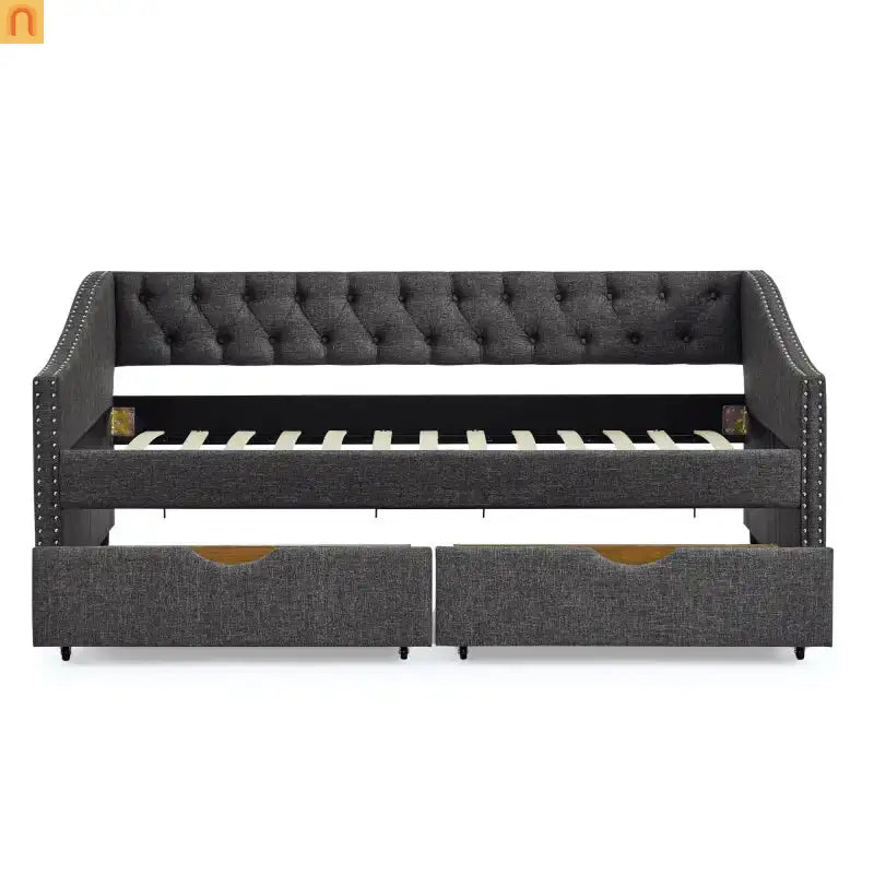 Daybed Twin Linen Dark Gray Button Tufted Drawers 500 lb