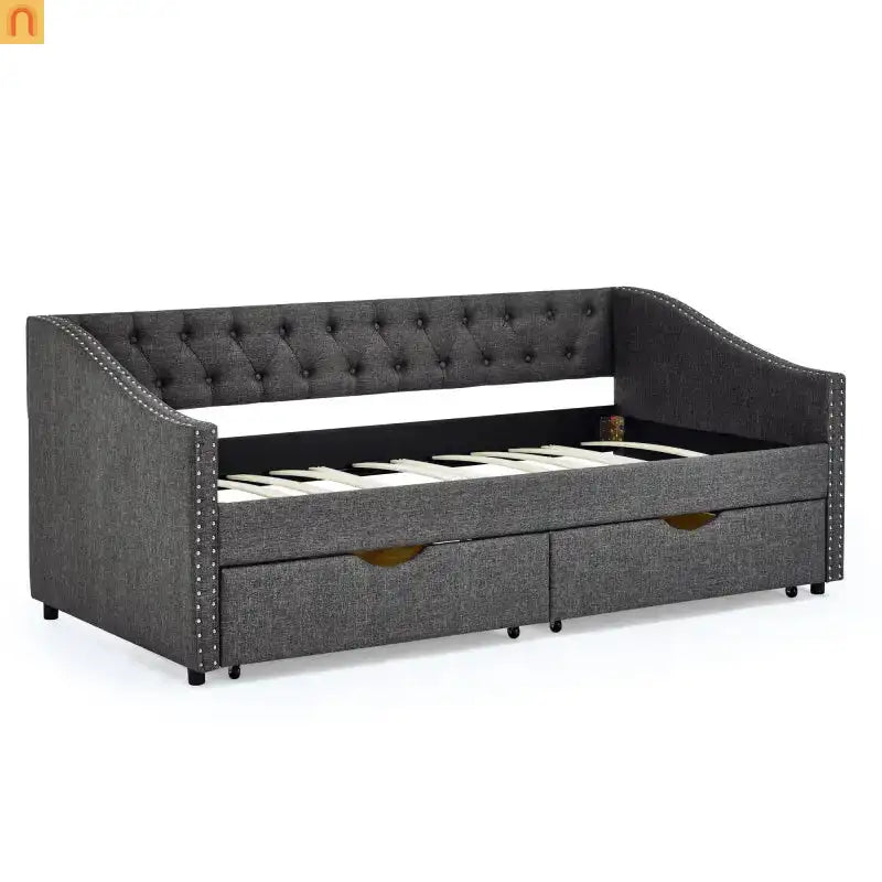 Daybed Twin Linen Dark Gray Button Tufted Drawers 500 lb