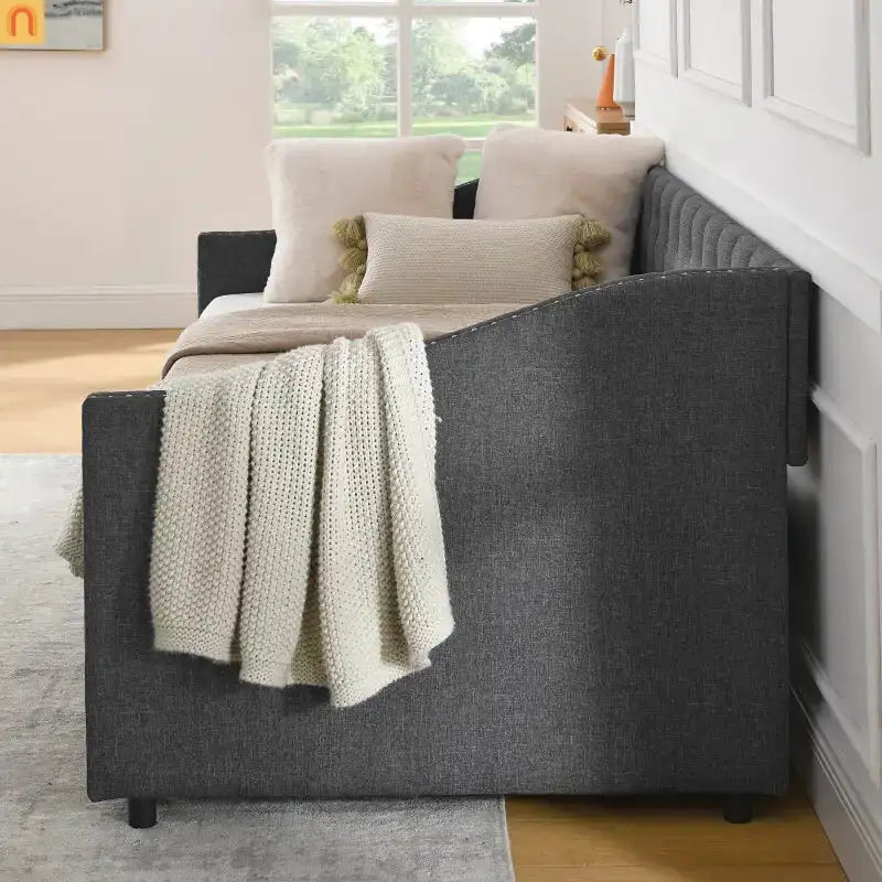 Daybed Twin Linen Dark Gray Button Tufted Drawers 500 lb