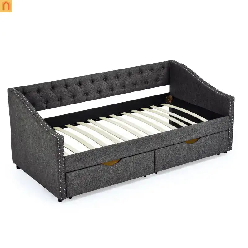 Daybed Twin Linen Dark Gray Button Tufted Drawers 500 lb