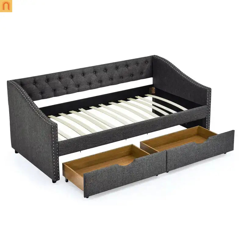 Daybed Twin Linen Dark Gray Button Tufted Drawers 500 lb