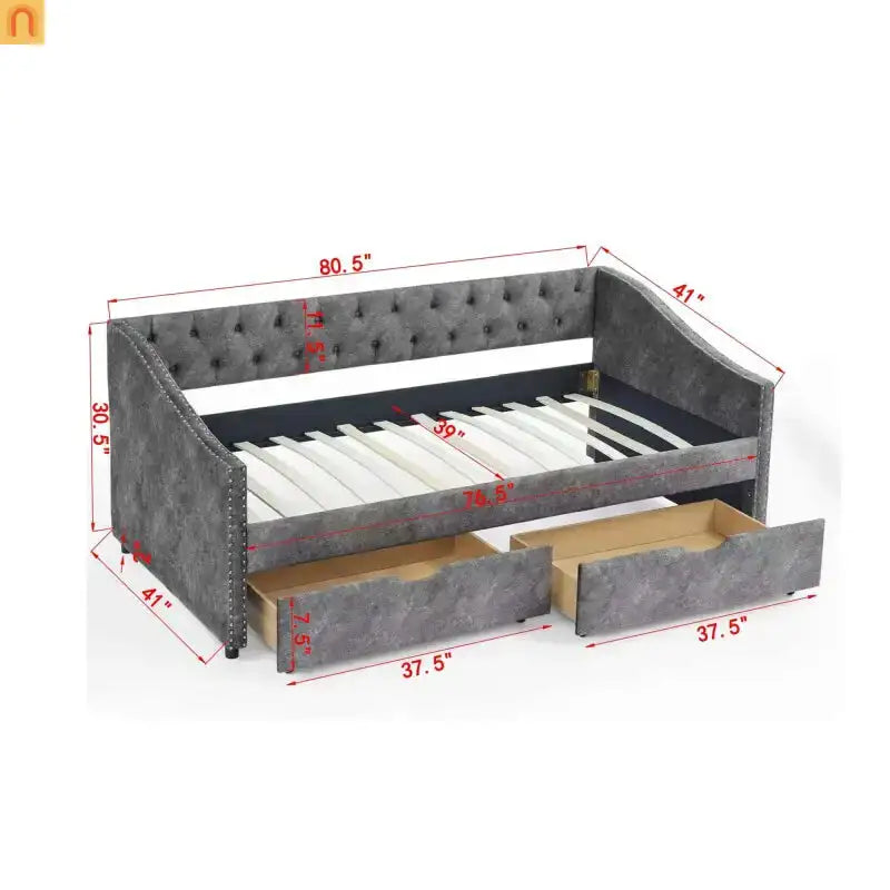 Daybed Twin Linen Dark Gray Button Tufted Drawers 500 lb