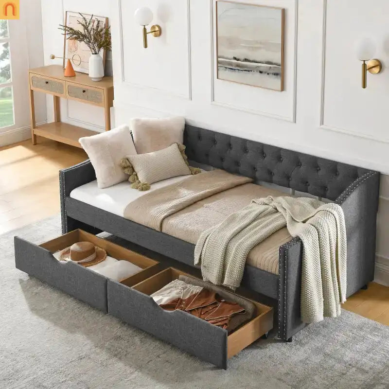 Daybed Twin Linen Dark Gray Button Tufted Drawers 500 lb