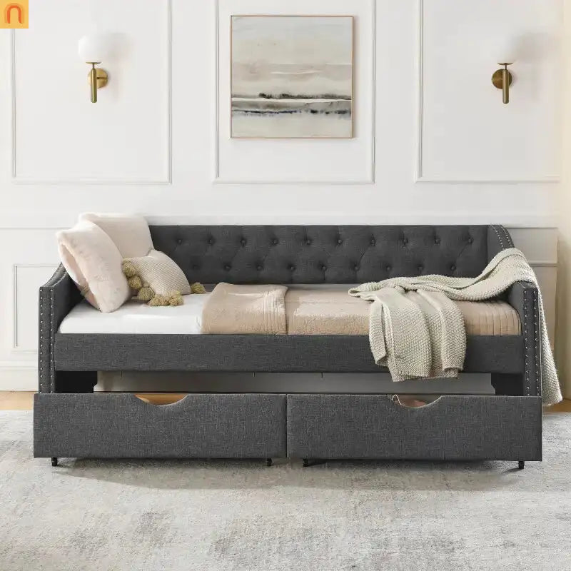 Daybed Twin Linen Dark Gray Button Tufted Drawers 500 lb