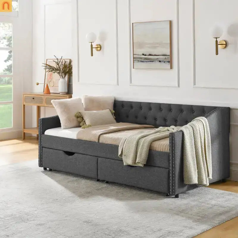 Daybed Twin Linen Dark Gray Button Tufted Drawers 500 lb