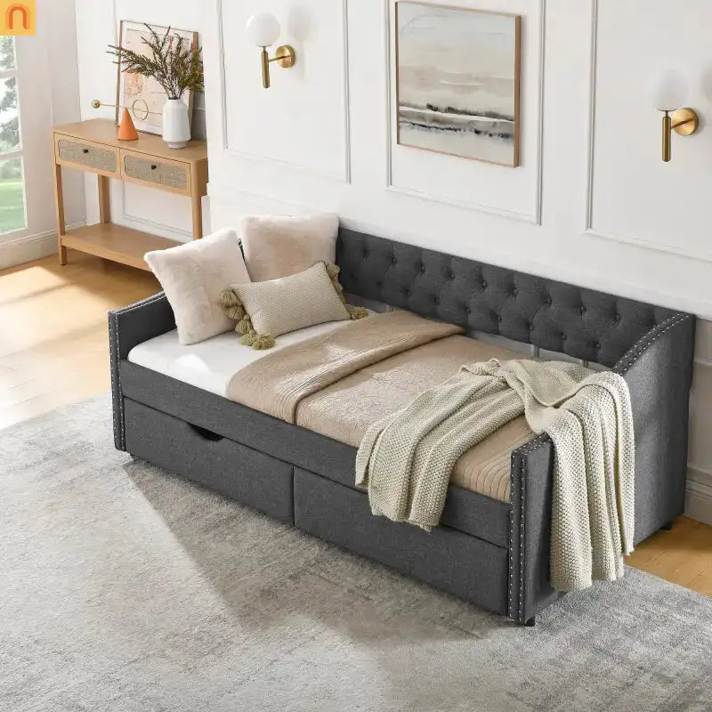 Daybed Twin Linen Dark Gray Button Tufted Drawers 500 lb