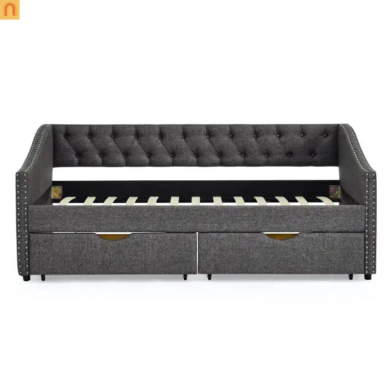 Daybed Twin Linen Dark Gray Button Tufted Drawers 500 lb