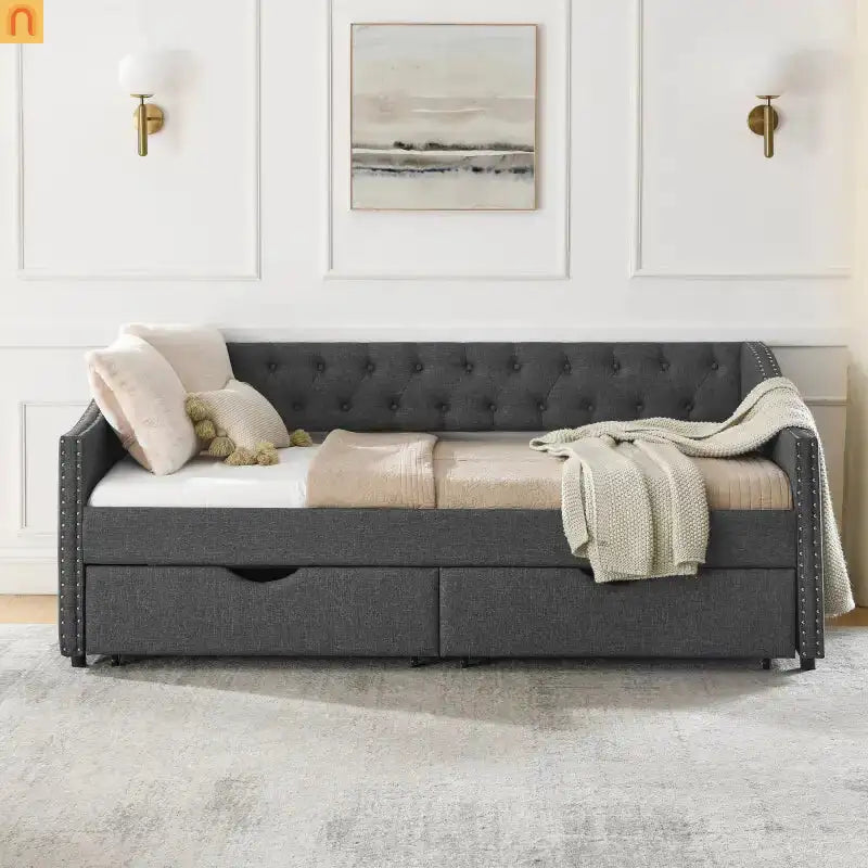 Daybed Twin Linen Dark Gray Button Tufted Drawers 500 lb