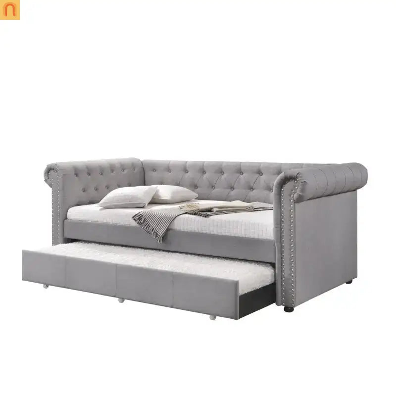 Chaise Lounge Daybed Fabric Gray Twin Chesterfield Trundle 660 lb