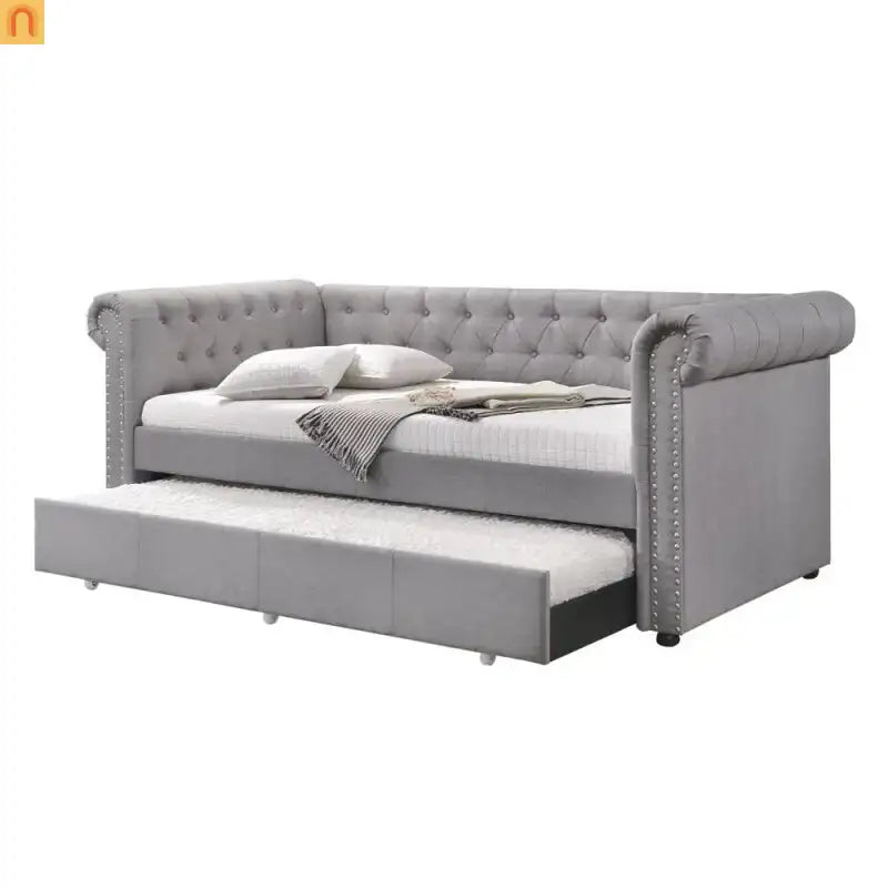 Chaise Lounge Daybed Fabric Gray Twin Chesterfield Trundle 660 lb