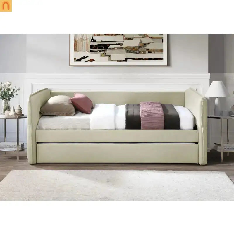 Daybed Upholstered Tan Polyester Twin Over Twin Trundle