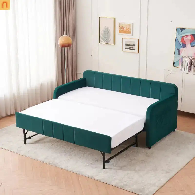 Bed Frame Daybed Twin Velvet Emerald Roll-Out Trundle