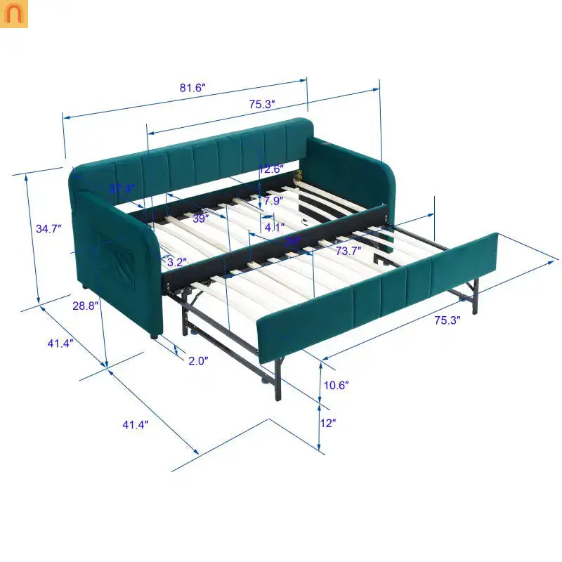 Bed Frame Daybed Twin Velvet Emerald Roll-Out Trundle