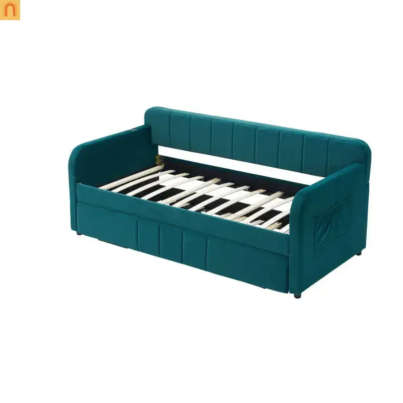 Bed Frame Daybed Twin Velvet Emerald Roll-Out Trundle
