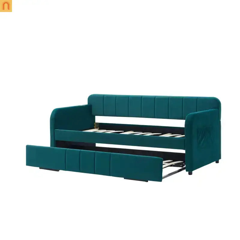 Bed Frame Daybed Twin Velvet Emerald Roll-Out Trundle