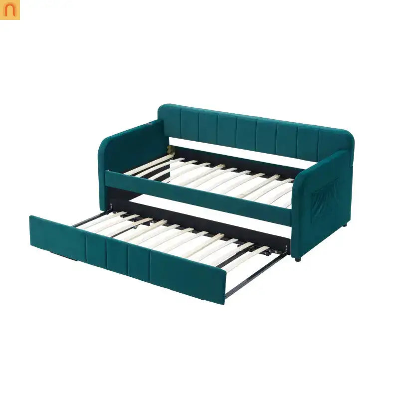 Bed Frame Daybed Twin Velvet Emerald Roll-Out Trundle
