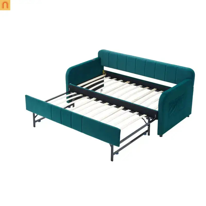 Bed Frame Daybed Twin Velvet Emerald Roll-Out Trundle