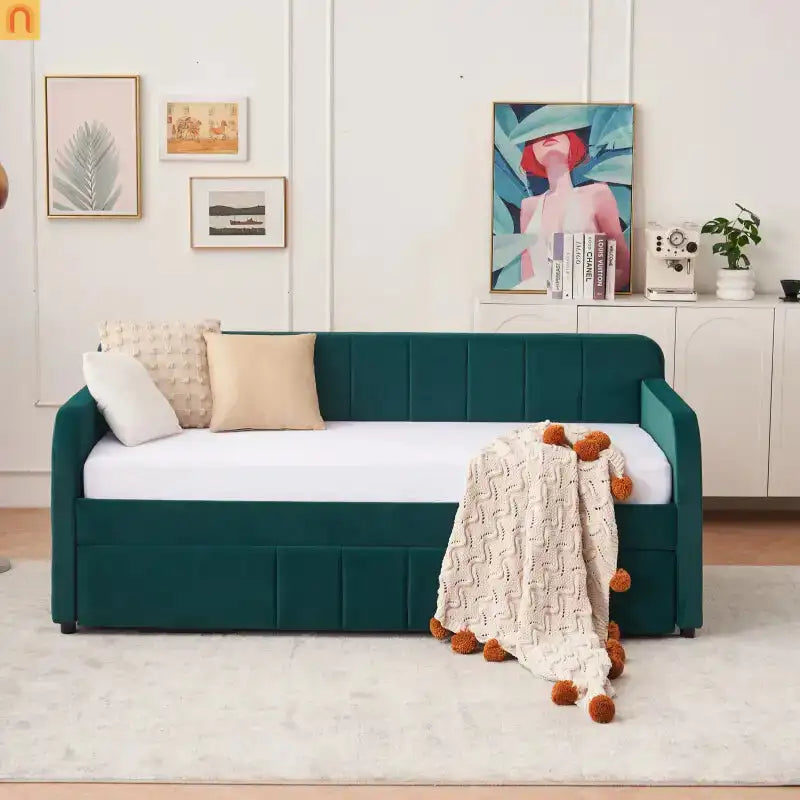 Bed Frame Daybed Twin Velvet Emerald Roll-Out Trundle
