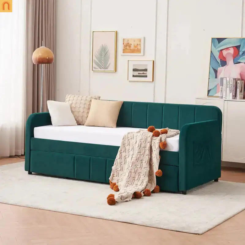 Bed Frame Daybed Twin Velvet Emerald Roll-Out Trundle