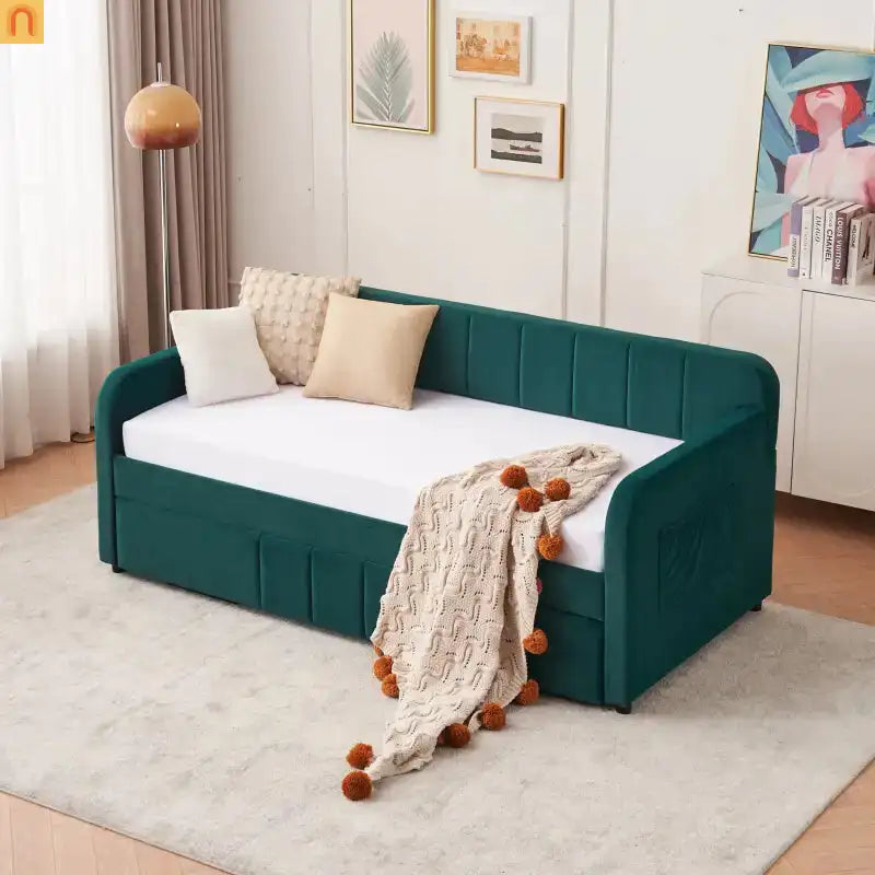 Bed Frame Daybed Twin Velvet Emerald Roll-Out Trundle