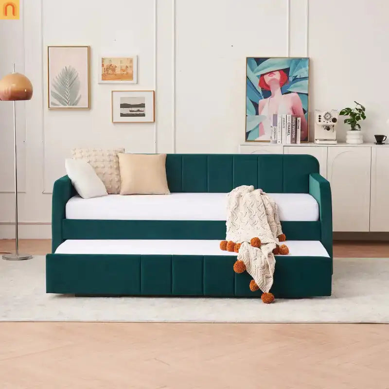 Bed Frame Daybed Twin Velvet Emerald Roll-Out Trundle