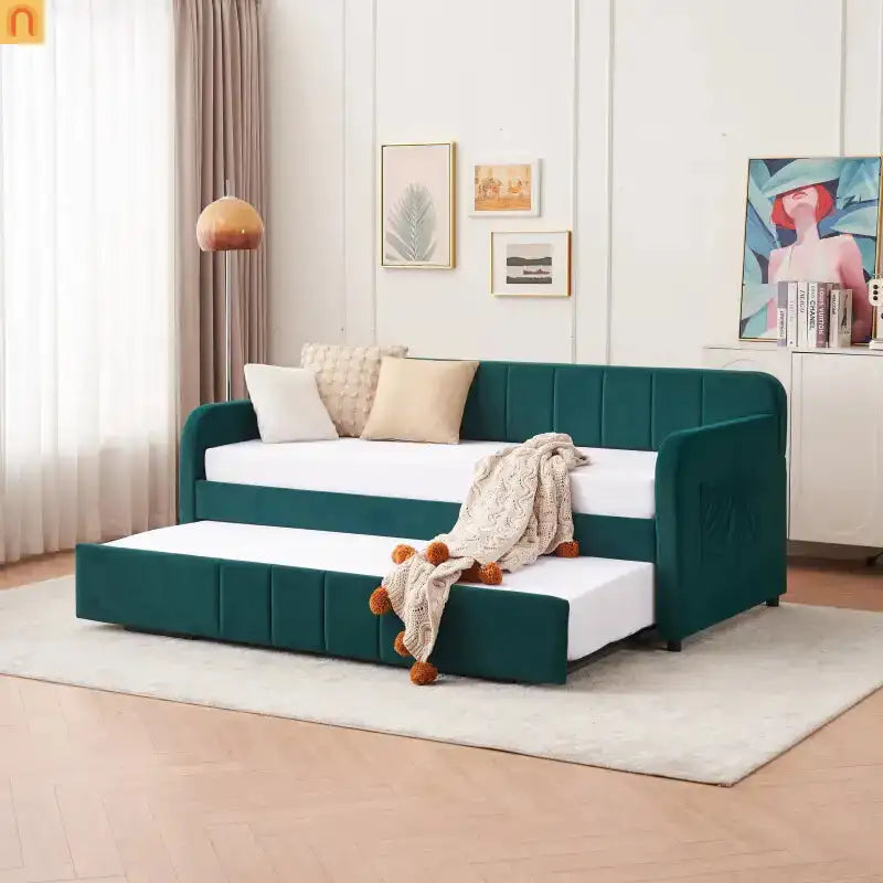 Bed Frame Daybed Twin Velvet Emerald Roll-Out Trundle