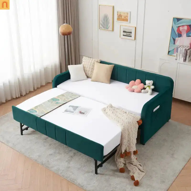 Bed Frame Daybed Twin Velvet Emerald Roll-Out Trundle