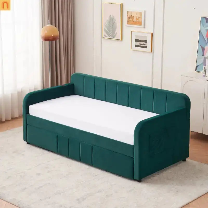 Bed Frame Daybed Twin Velvet Emerald Roll-Out Trundle