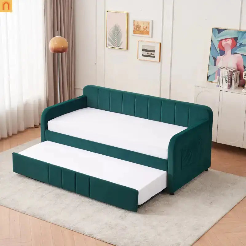 Bed Frame Daybed Twin Velvet Emerald Roll-Out Trundle