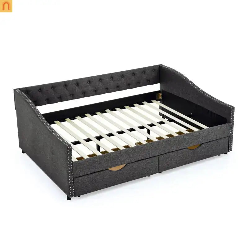 Chaise Lounge Daybed Linen Dark Gray Full Tufted Drawers 500 lb