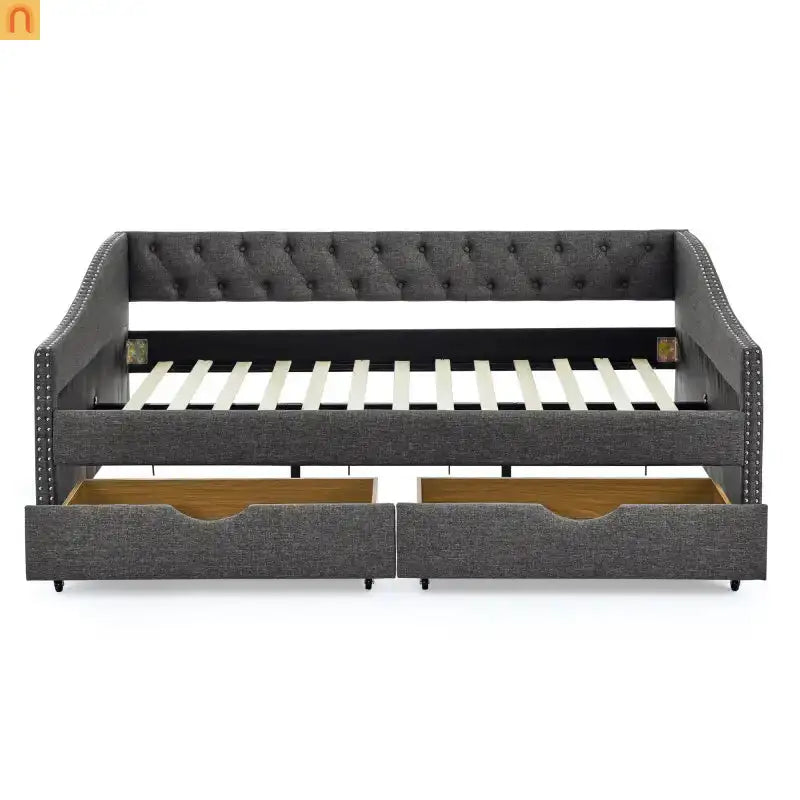 Chaise Lounge Daybed Linen Dark Gray Full Tufted Drawers 500 lb
