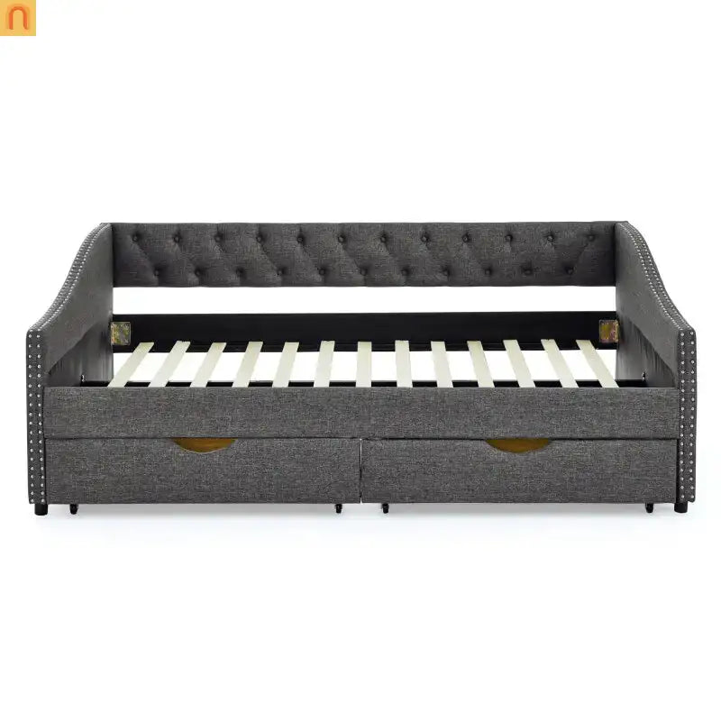 Chaise Lounge Daybed Linen Dark Gray Full Tufted Drawers 500 lb
