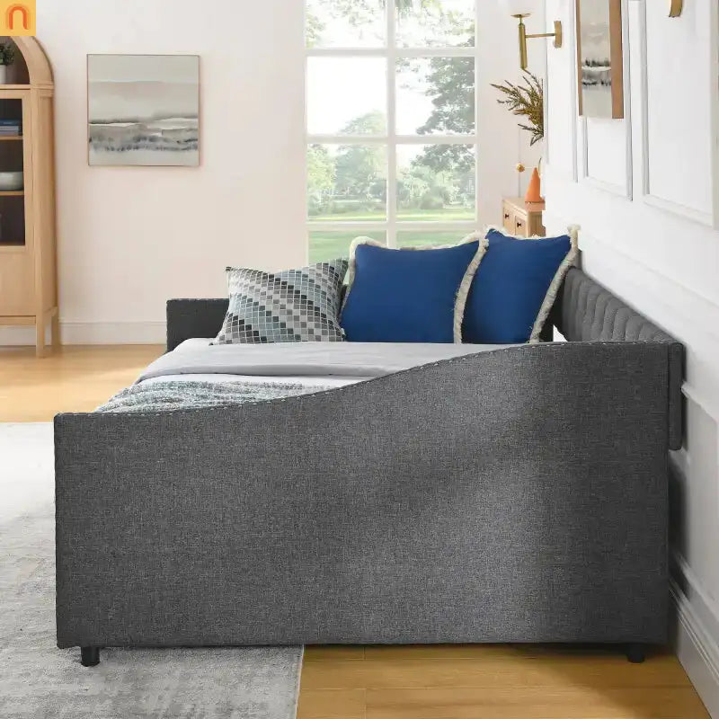 Chaise Lounge Daybed Linen Dark Gray Full Tufted Drawers 500 lb