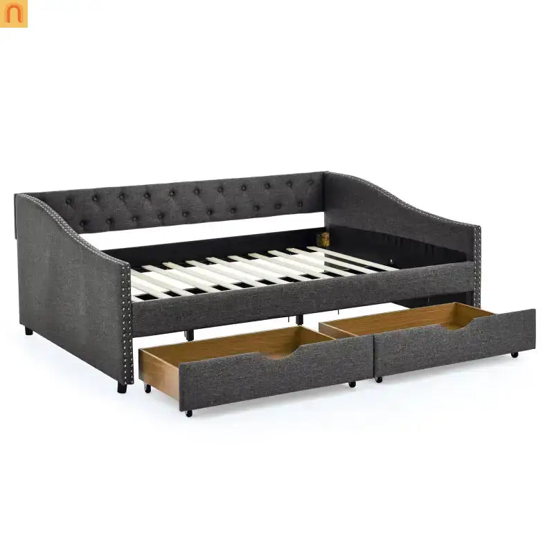 Chaise Lounge Daybed Linen Dark Gray Full Tufted Drawers 500 lb