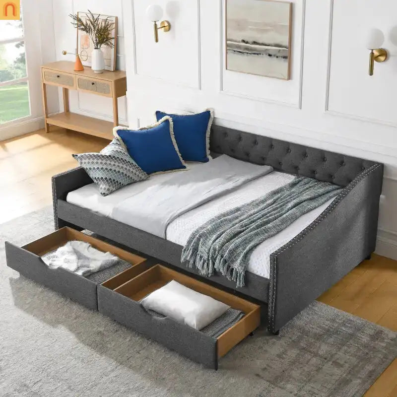 Chaise Lounge Daybed Linen Dark Gray Full Tufted Drawers 500 lb