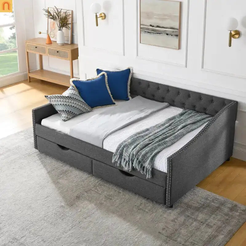 Chaise Lounge Daybed Linen Dark Gray Full Tufted Drawers 500 lb