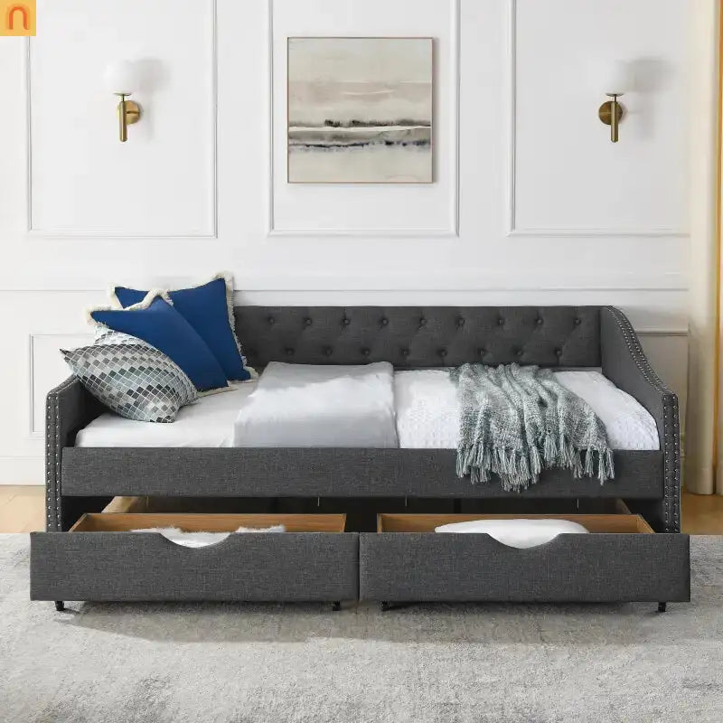 Chaise Lounge Daybed Linen Dark Gray Full Tufted Drawers 500 lb