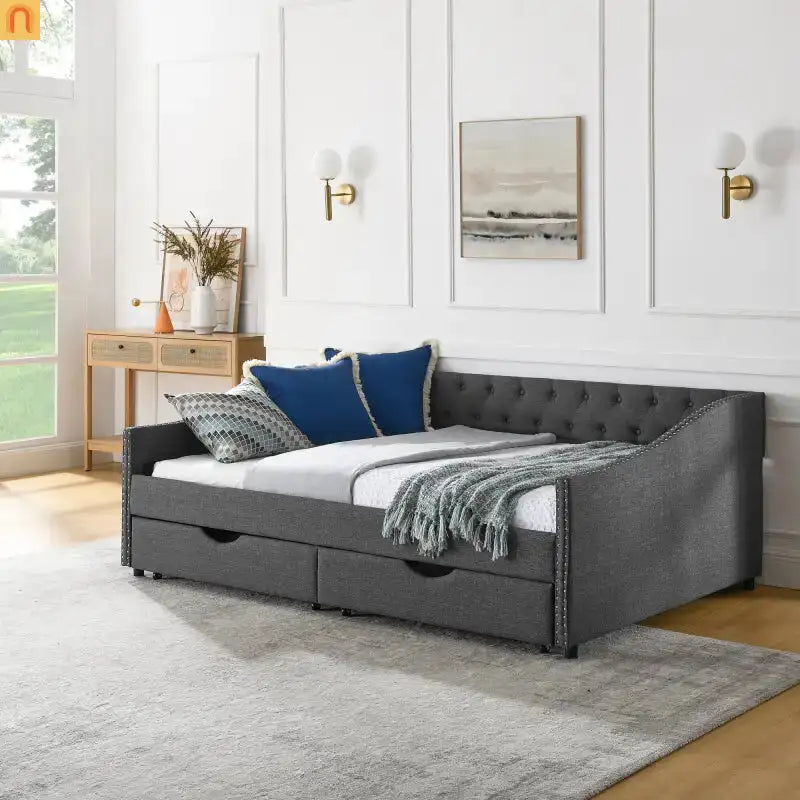 Chaise Lounge Daybed Linen Dark Gray Full Tufted Drawers 500 lb