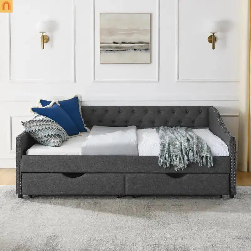 Chaise Lounge Daybed Linen Dark Gray Full Tufted Drawers 500 lb