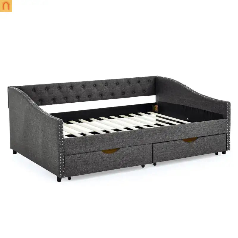 Chaise Lounge Daybed Linen Dark Gray Full Tufted Drawers 500 lb
