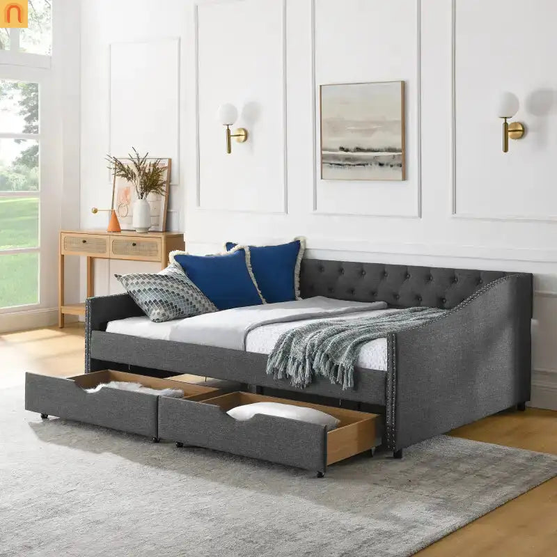 Chaise Lounge Daybed Linen Dark Gray Full Tufted Drawers 500 lb