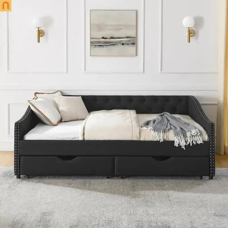 Chaise Lounge Daybed Linen Black Full Button Tufted Drawers 500 lb
