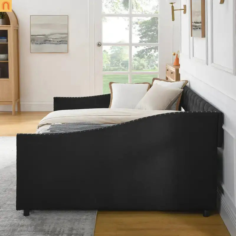 Chaise Lounge Daybed Linen Black Full Button Tufted Drawers 500 lb