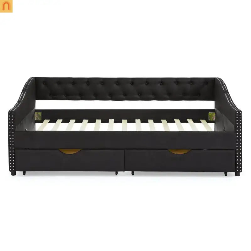 Chaise Lounge Daybed Linen Black Full Button Tufted Drawers 500 lb