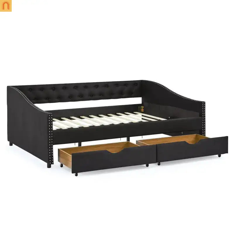 Chaise Lounge Daybed Linen Black Full Button Tufted Drawers 500 lb