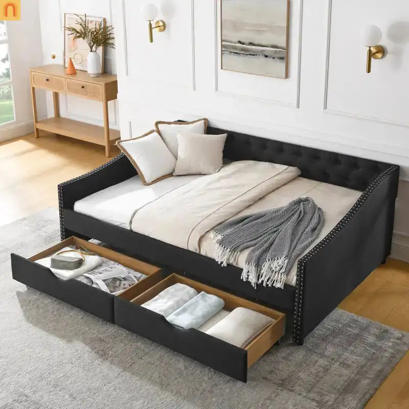 Chaise Lounge Daybed Linen Black Full Button Tufted Drawers 500 lb