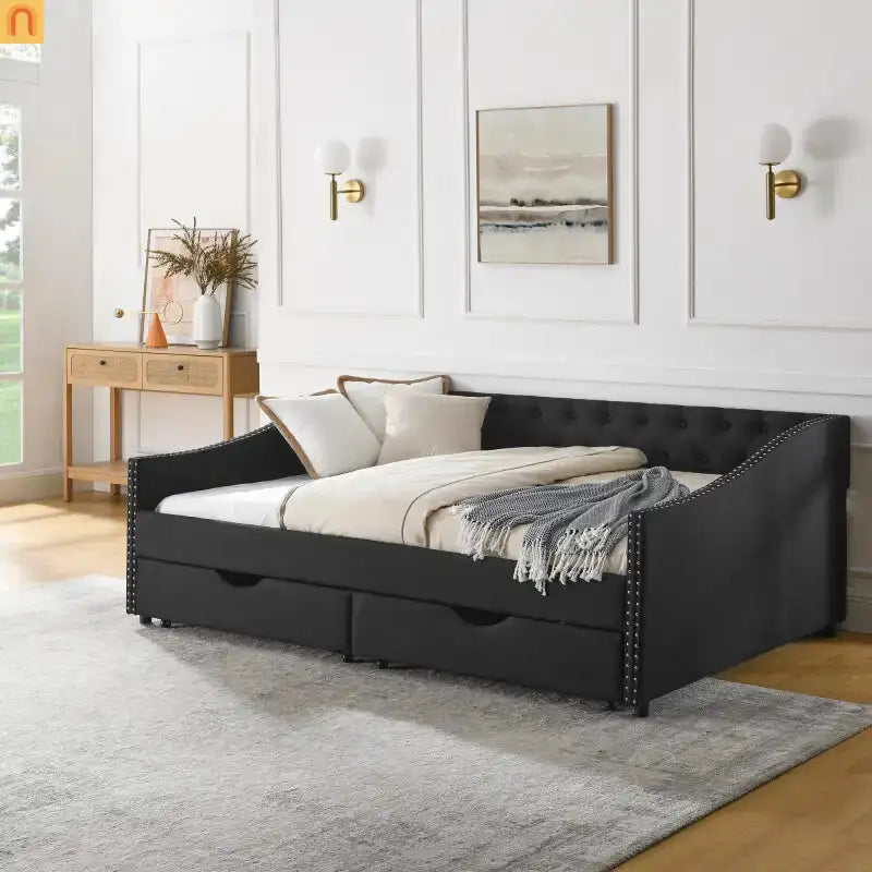 Chaise Lounge Daybed Linen Black Full Button Tufted Drawers 500 lb