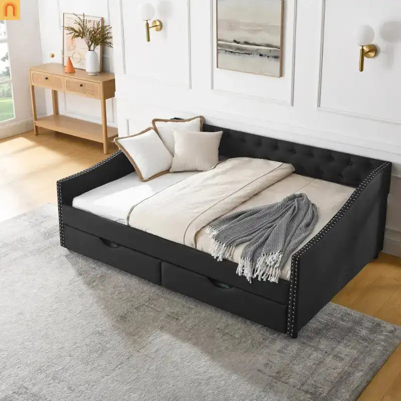 Chaise Lounge Daybed Linen Black Full Button Tufted Drawers 500 lb