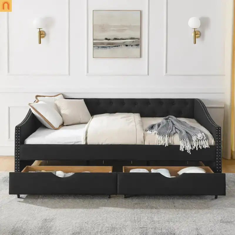 Chaise Lounge Daybed Linen Black Full Button Tufted Drawers 500 lb